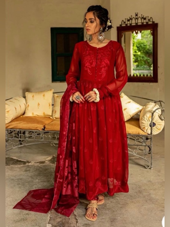 Dresses & Skirts - Mannat elegant Red Embroidered Women's frock 3-pcs